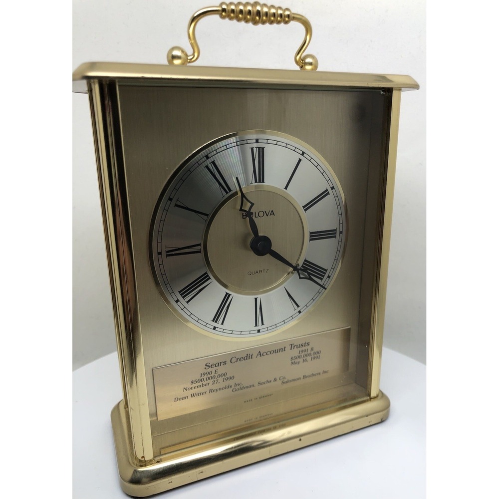 Vintage Bulova Clock Heavy Brass Quartz Mantel‎ Clock,  Germany, Sears, Works!